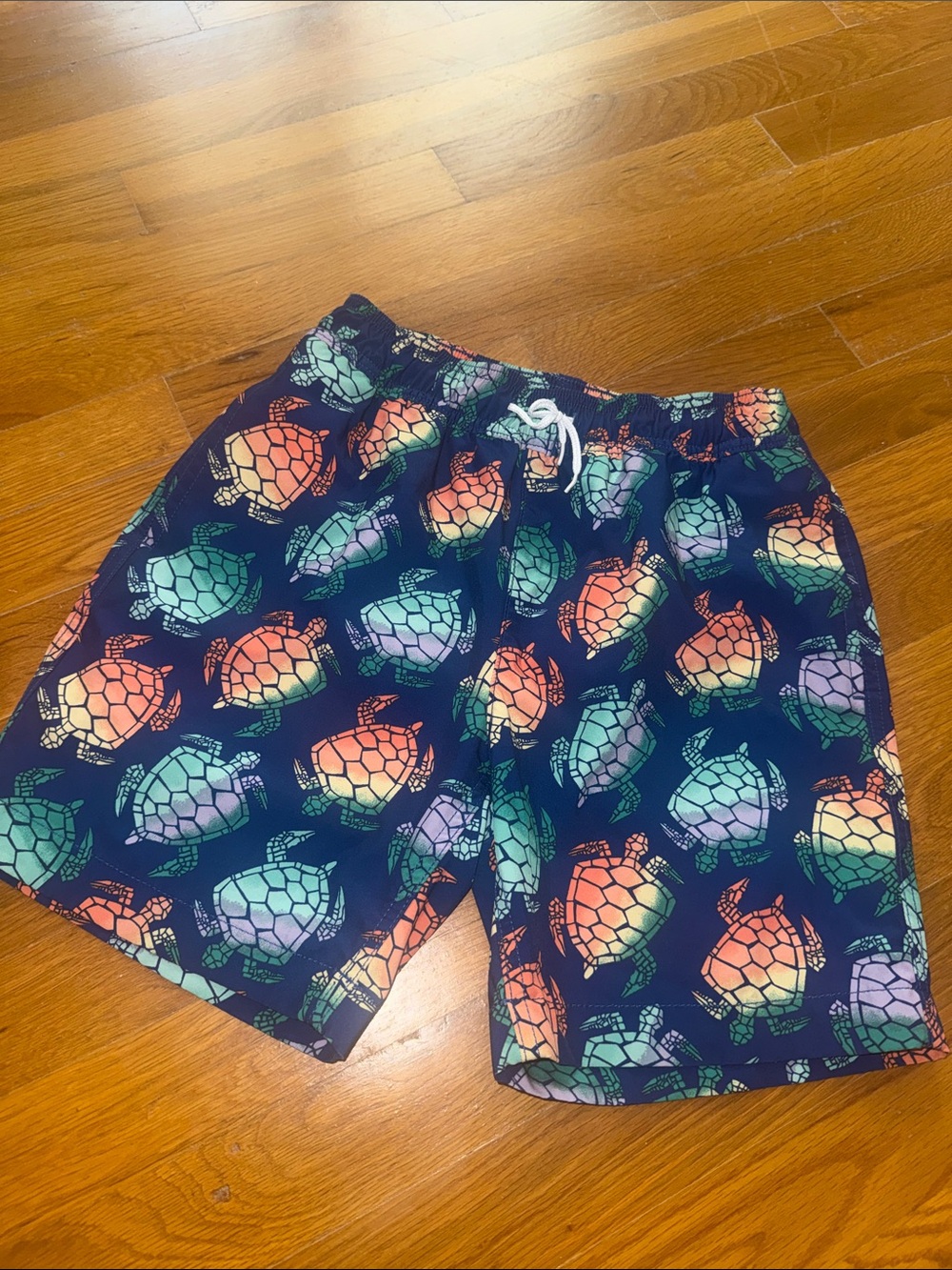 Crewcuts Navy Swim Trunks with Rainbow Turtle Print